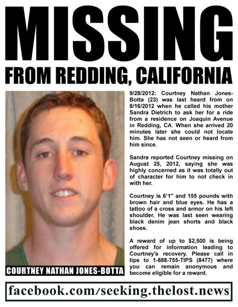 Courtney nathan jones botta. Courtney Nathan Jones-Botta, 23, vanished after calling his mother and asking for a ride from a Redding home in August 2012, police said. Remains ID’d as man who vanished in 2012, California ... 