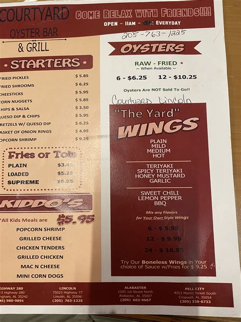 Top 10 Pell City delivery spot, offering Dessert, Quesadillas, Appetizers and more. 611 Martin St N, Pell City, AL 35125-1321. ... Courtyard Oyster Bar & Grill Lincoln. New. American • Burgers • Sandwiches. Selection includes The Yard Wings, Mains, Soups, Starters, .... 