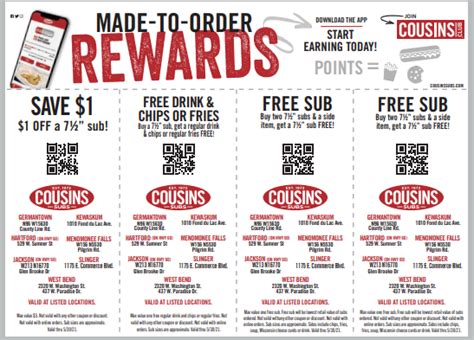 Cousins coupon code. Cousin's Subs Coupons Cousin's Subs Nutrition Facts. Deli Food; Sandwiches; Subs; Choose My State. AZ CA FL IL IN IA MI MN MO ND TX WI All Less. Cousin's Subs Menu ... 