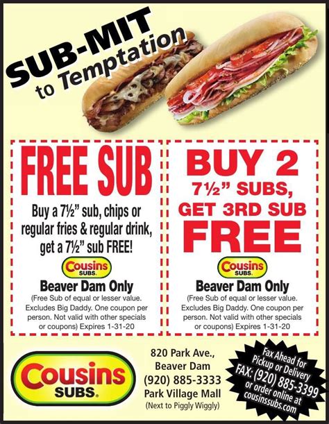 Cousins Subs Coupons. $2 Off. Code. $2 Off