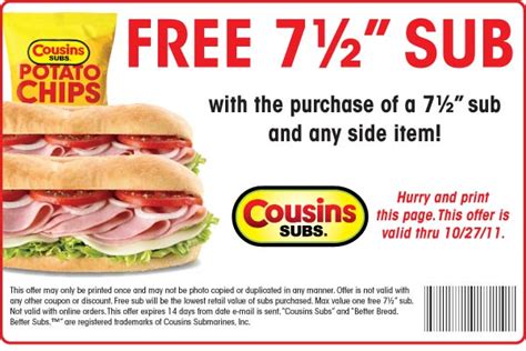 September 2023 - Click for $20 off Cousins Subs Coupons in Menomonee Falls, WI. Save printable Cousins Subs promo codes and discounts.. 