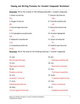 Covalent Compounds Worksheet Formula Writing And Naming Worksheet