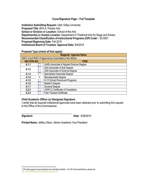 Cover/Signature Page Full Template Institution Submitting Request