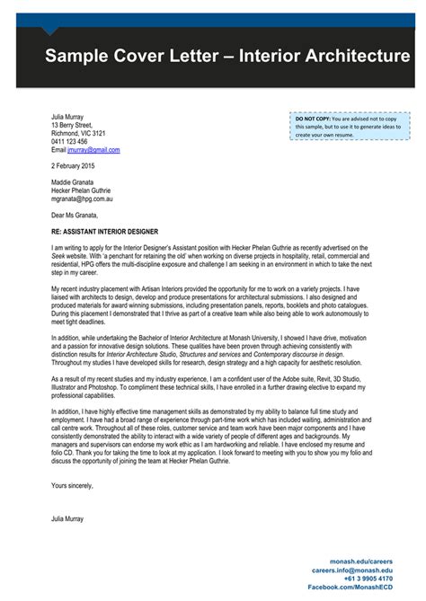 Cover Letter Sample Architecture Interior Architecture Sample Cover