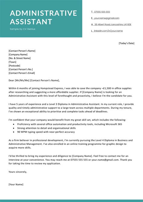 Cover Letter Template For Administrative Assistant