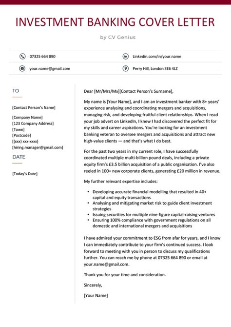 Cover Letter Template Investment Banking
