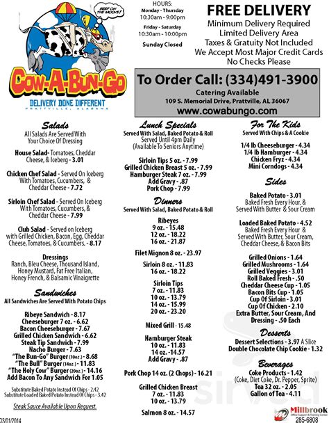 Cow-a-bun-go menu. Order Hamburger Steak online from Cow A Bun Go - Prattville, AL 109 South Memorial Drive. ... Main Menu. Salads. House Salad. $4.65. Tomatoes, Cheddar Cheese, & Iceberg. 