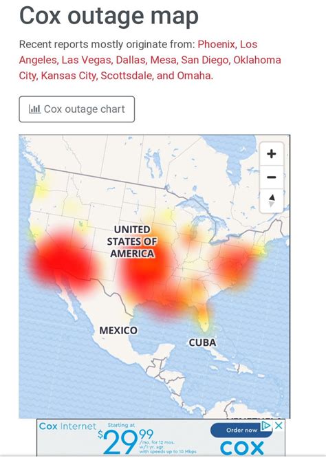 To confirm if your Cox internet is down, please sign in to view the Cox outage map to see the status and details of nearby service disruptions that could be impacting your Internet connection. If service is out, we’ll keep you updated on when Cox expects it to be resolved. You can also get quick internet support by accessing SmartHelp on Cox .... 