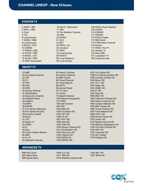 Listed below are the top 50 Cox channels in Berryville. For a full channel list, please visit the Cox channel lineup. Channel Name. Channel Number. ABC - KHOG. 7. ABC - KYTV. 8. CBS - KOLR..