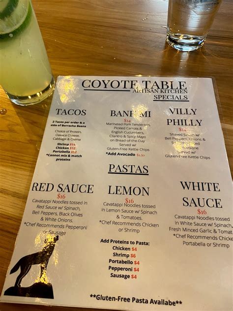2 Coyote Style Tacos. $12.00. 2 Tacos with a protein of your choice, Sauteed Onions, Roasted Red Peppers, Pineapple, Corn, Spring Mix, Chipotle Cream Cheese and Quesadilla Cheese. Comes with a side of Coyote Slaw, Chips and Salsa.. 