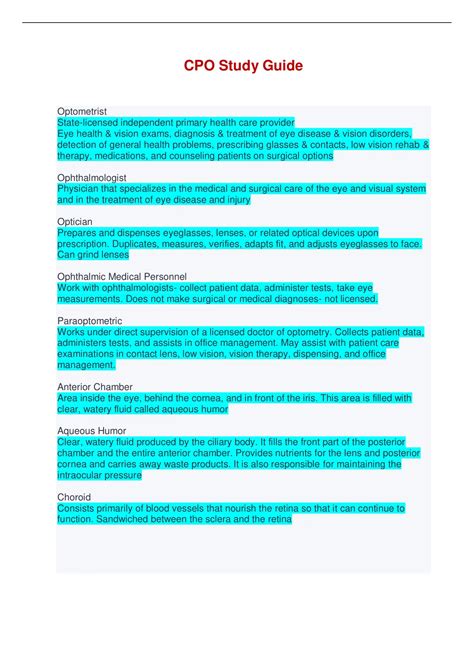 Cpo Study The Paraoptometric Guide For