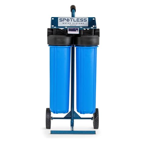 Cr spotless. The High Output CR Spotless Rolling De-ionized Water Filtration System cleans approximately 300 gallons of water to provide you with purified rinse water for car-washing and other cleaning jobs. The unit includes two de-ionization housings filled with replaceable cartridges. 