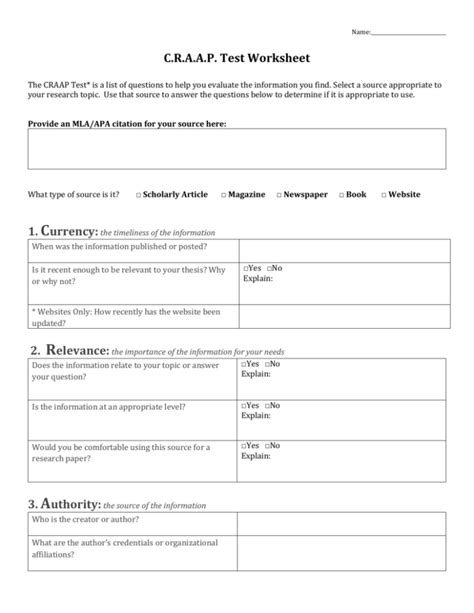 Craap Test Worksheet db excel com