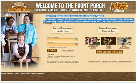 Cracker barrel employee website. To log in to the Front Porch at Cracker Barrel, employees must visit the following website: https://frontporchselfservice.crackerbarrel.com. Employees will then need to enter their employee ID number and password. If an employee has forgotten their password, they can click on the “Forgot Password” link and follow the instructions to reset it. 