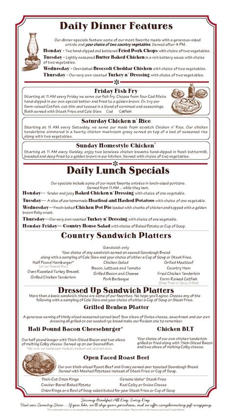 Cracker barrel lunch and dinner menu with prices pdf. Oct 16, 2020 · Country Sandwich Platters. Half-Pound Hamburger, BLT, Chicken Salad, Grilled Chicken Tenderloin, Oven-Roasted Turkey Breast, or Farm-Raised Catfish. $6.49. Half-Pound Hamburger, BLT, Chicken Salad, Grilled Chicken Tenderloin, Oven-Roasted Turkey Breast, or Farm-Raised Catfish. $8.59. 
