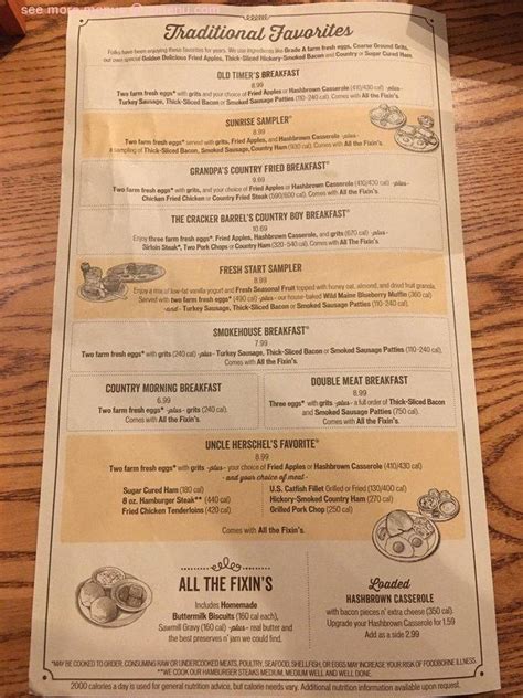 Cracker barrel old country store elizabethtown menu. Fruit Cobbler • 460 - 490 Cal. Breakfast - All Day Build Your Own Homestyle Breakfast • 920 - 1830 Cal. Old Timer's Breakfast • 150 - 340 Cal. 