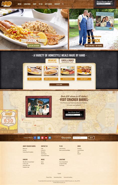 Cracker barrel website. What We Offer. Curbside & Pickup. Delivery Service. Dine-in Mobile Pay. Dine-in Menu PDFs. Catering. Gift Cards. Guest Relations. Our Locations. 
