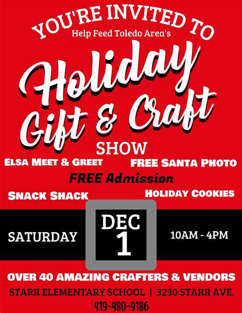 Mark your calendars and join us for an unforgettable journey through the best of holiday crafts and cheer. Get ready to be inspired, delighted, and filled with the holiday spirit! Friday, December 6th - 9:00am - 5:00pm. Saturday, December 7th - 9:00am - 5:00pm. Sunday, December 8th - 10:00am - 4:00pm.. 