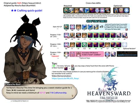 Crafting rotation ffxiv. Just get yourself FFXIV Teamcraft, enter your stats, then search for a rotation in "community list". Load it into the crafting simulator and edit so it fits your needs. Edit: community rotations is the menu you are looking for, not community lists. This option is underlooked so often. People can give you a rotation.. 