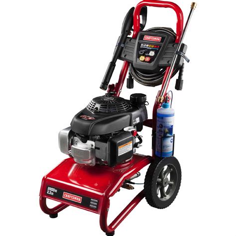 This pressure washer from Craftsman is gas-powered and claims 3000 psi max with 2.4 gpm. It comes with 4 nozzle tips, solid wheels, and the cleaning tip is replaceable. It weighs 50 lbs.. 