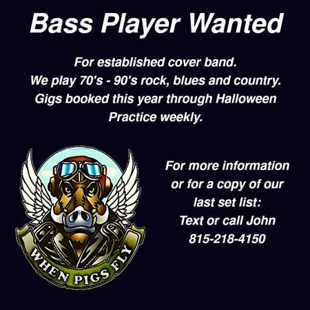 Bass player wanted for established cover band. Gigs already booked. post id: 7730053579. posted: 14 days ago. ♥ best of [?]. 