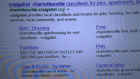 Craigslist charlottesville free. You almost don’t want to let the cat out of the bag: Craigslist can be an absolute gold mine when it come to free stuff. One man’s trash is literally another man’s treasure on this online classified website. Check out the following to see h... 