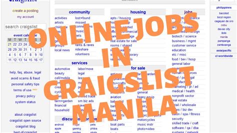 Craigslist manila philippines. 4. Craigslist Manila – site for finding online typing job. Craigslist is an American classified advertisements website. It has sections devoted to jobs, housing, for sale, items wanted, services, community service, gigs, résumés, and discussion forums. You can find also find home-based typing jobs in the Philippines here. 
