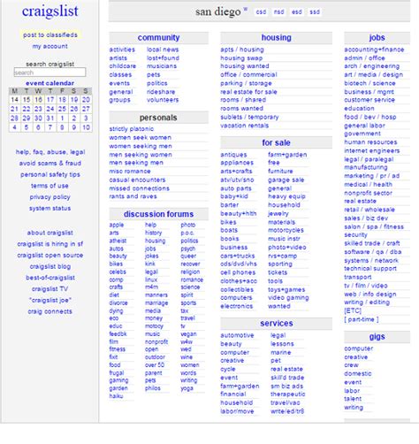 Craigslist sd ca jobs. The Coastal Charm of Southern California. San Diego lies along the shores of the Pacific Ocean. It's known for its mild climate, natural beauty, and diverse culture. The city's economy is driven by tech, aerospace, and tourism, making it a great place to live and visit. From museums and art venues to outdoors activities, there are plenty of ... 