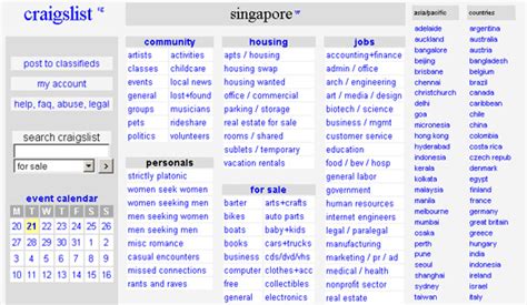 Craigslist singapore. While Craigslist is known for its traditional classified listings, many people used Craigslist to find local dates, casual meetings, and more. The platform was simple to use, and best of all, it ... 