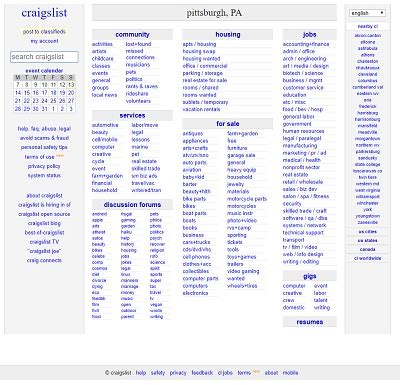 Craigslist.com pittsburgh. Craigslist Pittsburgh classified ads for apartment hunting, pets, cars, trucks, motorcycles and everything else you can think of. Check out Craigslist PA! craigslist locations 