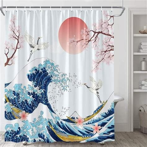 Crane Birds Mountain Waves Bathroom Shower Curtain With Hooks