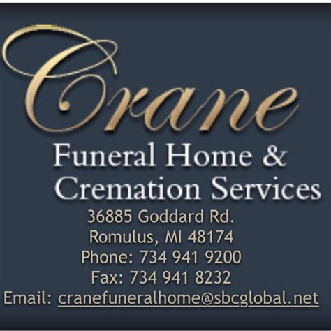 Crane funeral home inc romulus obituaries. December 8, 2021 (82 years old) December 4, 2021 (62 years old) November 29, 2021 (56 years old) November 22, 2021 (84 years old) November 22, 2021 (73 years old) Obituaries from Crane Funeral Home & Cremation Services in Romulus, Michigan. Offer condolences/tributes, send flowers or create an online memorial for free. 