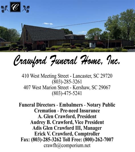Crawford funeral home lancaster. Crawford Funeral Home - Lancaster | 410 W. Meeting Street | Lancaster, SC 29720 | Tel: 1-803-285-3261 | Fax: 803-285-3262 | 