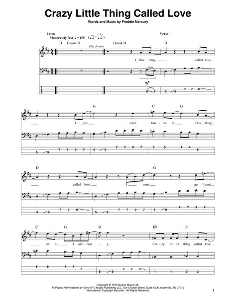 Crazy Little Thing Called Love Sheet Music Queen Easy Bass Tab