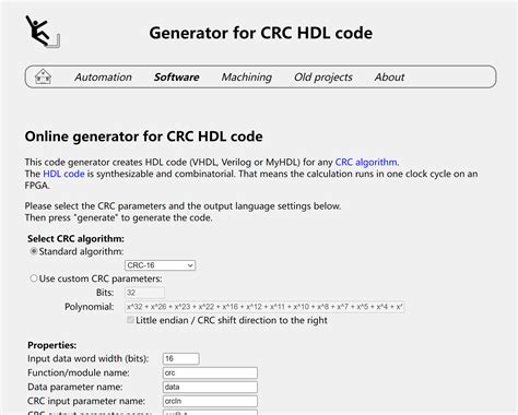 Crc verilog generator.  The generated HDL code is synthesizable and combinatorial.  It also prov...