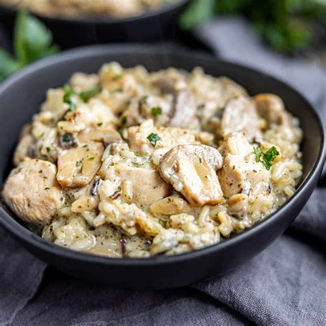 Cream of Mushroom Chicken with a side of green beans and rice.