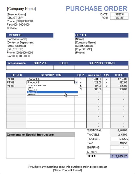 Create a Purchase Order in Excel with dropdown lists linked to a