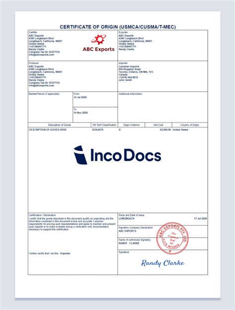 Create and Download a USMCA Certificate of Origin Form IncoDocs