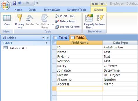 Create employee database in access