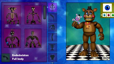 The Character Creator is a feature added in the 1.6.3.1 Beta, which allows users to create their own custom characters as mods for Ultra Custom Night. The Character Creator is split into three different tabs which were explained by KamilFirma, the developer for Ultra Custom Night, before release; "- Main: The place to name your mod as well as load and save mods (you can save in any other tab .... 