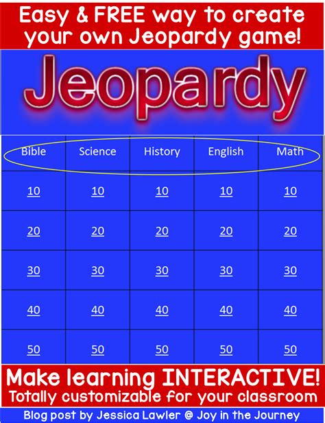 Create jeopardy game. Jeopardy Maker is a popular online tool that allows users to create ⁤custom Jeopardy game boards for educational and entertaining purposes. With ⁣its user-friendly interface and customizable features, Jeopardy Maker ⁤has⁣ become a go-to resource for teachers, presenters, and game enthusiasts looking to engage⁢ their audience in a fun ... 