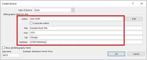 In the Create Source dialog box, next to Type of Source, select the type of source you want to use (for example, a book section or a website). Enter the details for the source and click OK . The source is added as a citation at the place you selected in your document. . 