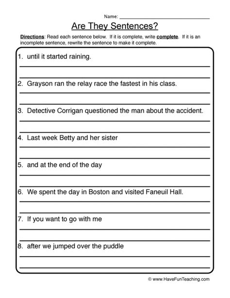 Creating Complete Sentences Worksheet by Teach Simple