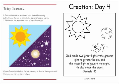 Creation day 4. Activities / Games. An activity or game was included throughout the lesson (or at the end) to help the children remember the days of creation. Day 1 – Blanket Activity. Hide under a big blanket and explain what the world was like. Recite Genesis 1v1-3 and at the appropriate time, turn on a flashlight. Day 2 – Dividing Sky and Water. 