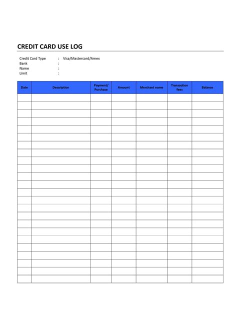 Credit Card Use Log Credit Card Use Template