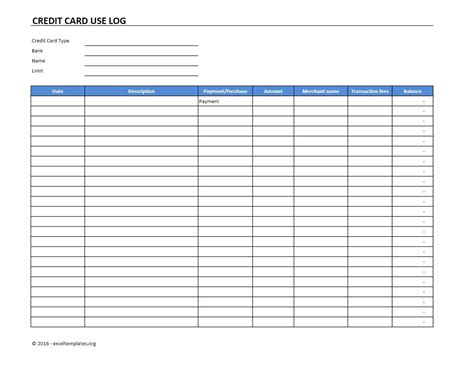 Credit Card Use Log Template Excel Templates Excel Spreadsheets Excel Templates Excel