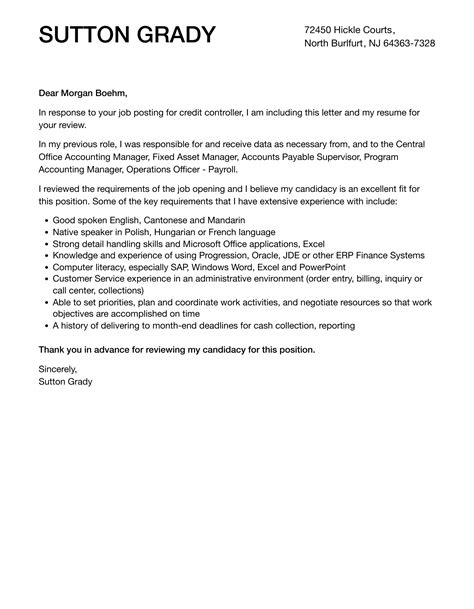 Credit Controller Cover Letter