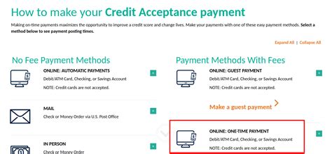 Follow your bank’s instructions for bill payments. Select Credit Acceptance as a payee. Select a one time or recurring payment. Direct your payment to P.O. Box 551888, Detroit, MI 48255-1888.*. Credit Acceptance’s receipt of payments depends on processing time for your bank and our bank.. 