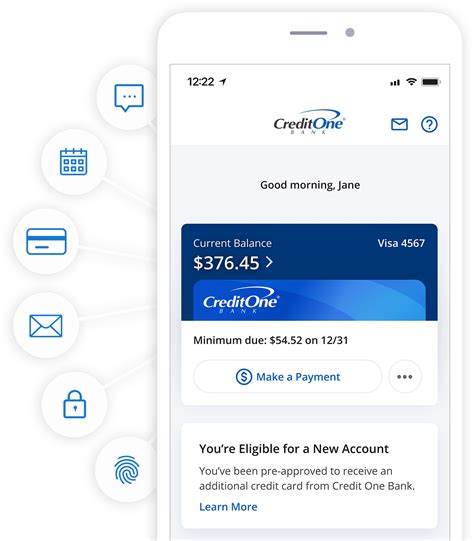 About this app. arrow_forward. Conveniently manage your credit card accounts with the Credit One Bank Mobile App. Schedule one-time or monthly automatic payments and view account activity, balances, payment history, offers, and more! FAST AND SECURE ACCOUNT ACCESS. Fast and secure sign-in with Fingerprint (available on capable devices). 
