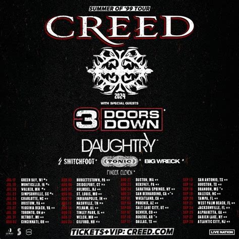 Creed summer of 99 tour. Standard Admission. $99.50. Sec 16 • Row P. Standard Admission. $99.50. Learn More. Accept & Continue. Buy Creed - Summer of '99 Tour tickets at the CCNB Amphitheatre at Heritage Park in Simpsonville, SC for Jul 23, 2024 at Ticketmaster. 